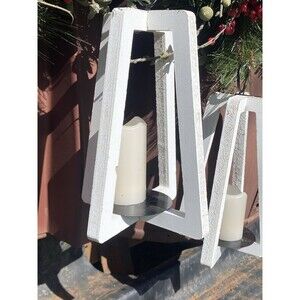 2 Rustic Wooden Candle Holder Lantern Farmhouse Country White Outside Lighting